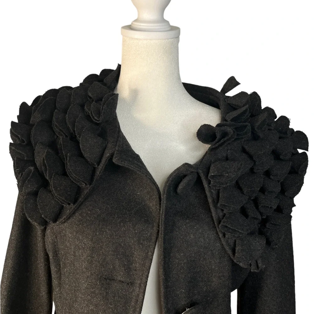 Feratelli Elegant Black Pea Coat with Ruffle Details - Picture 5 of 10